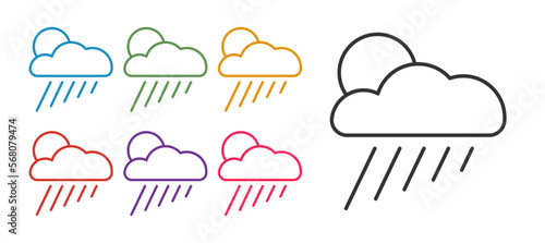 Set line Cloud with rain and sun icon isolated on white background. Rain cloud precipitation with rain drops. Set icons colorful. Vector