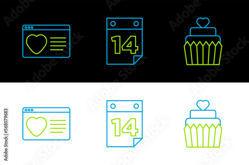 Set line Wedding cake with heart, Dating app online and Calendar February 14 icon. Vector