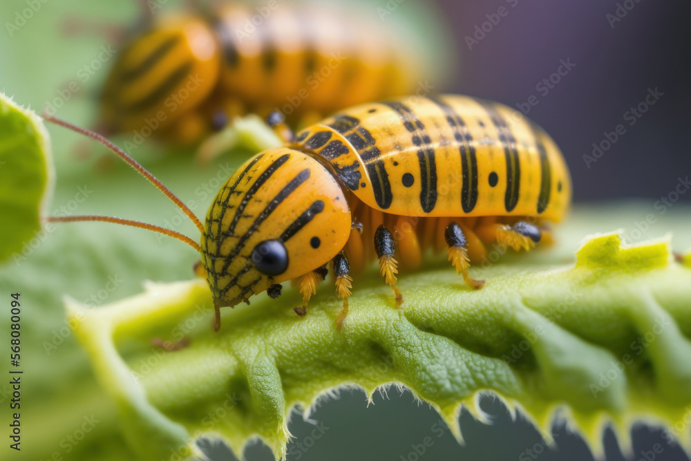 Larvae of the Colorado potato bug on a potato leaf withered away. Close