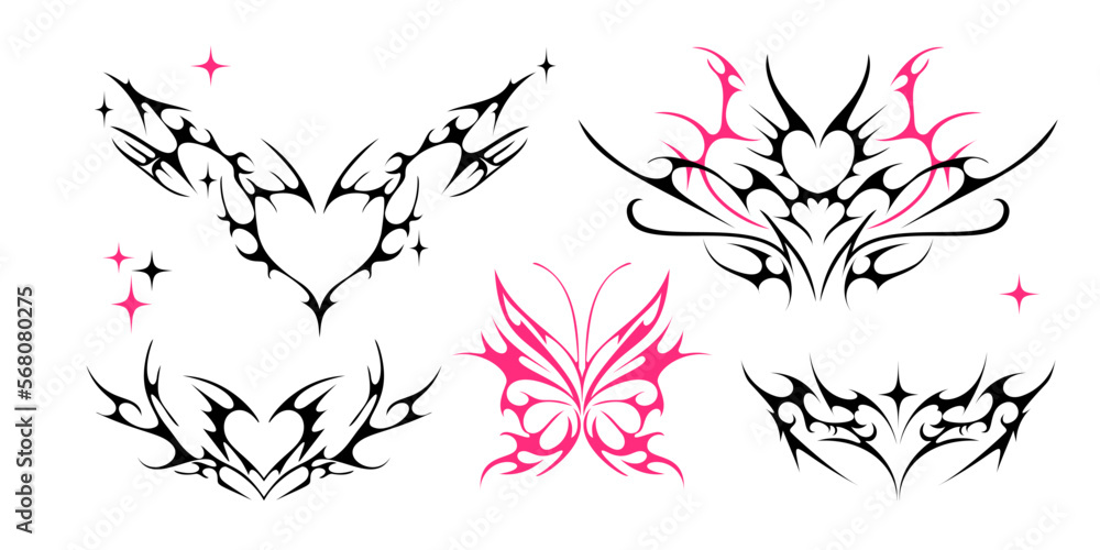 Vecteur Stock Neo tribal y2k tattoo, heart and butterfly shape. Cyber ...