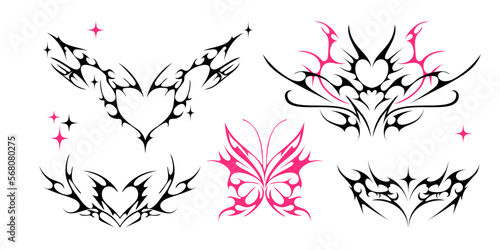 Neo tribal y2k tattoo, heart and butterfly shape. Cyber sigilism style hand drawn ornaments. Vector illustration of black and pink emo gothic tribal tattoo designs