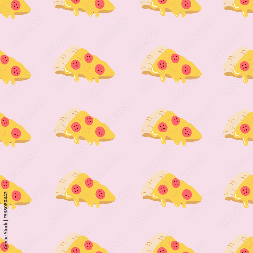 Seamless pattern with a slice of pizza. Cute design. Fast food concept. Background for cafe, fast food restaurant, for the design of the menu. Hand drawn vector illustration Seamless pattern with a slice of pizza. Cute design. Fast food concept. Background for cafe, fast food restaurant, for the design of the menu. Hand drawn vector illustration