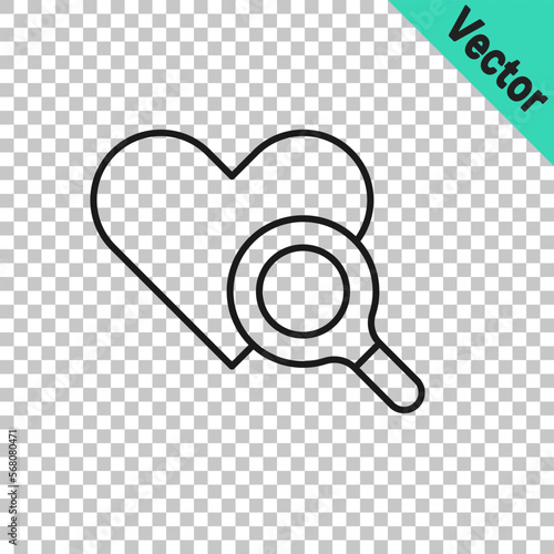Black line Medical heart inspection icon isolated on transparent background. Heart magnifier search. Vector
