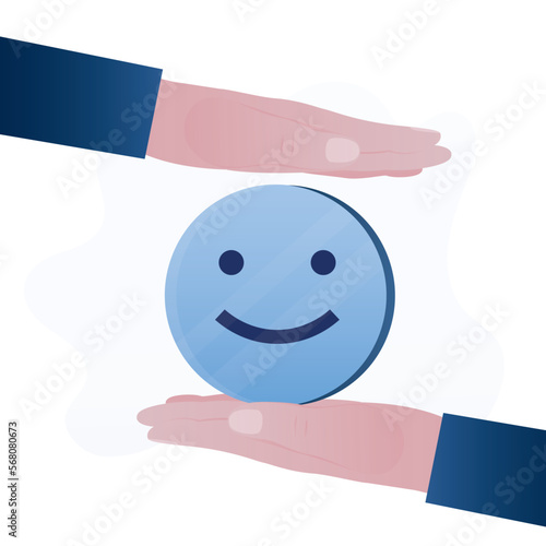 Hands holding and protecting positive emoji. Motivation, keeping a good mood. Mental health, optimism. Psychology of positive thinking. Expression, satisfaction concept.