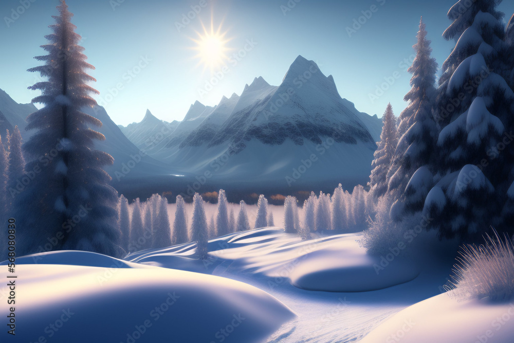 Winter landscape with snow covered trees AI - obrazy, fototapety, plakaty 