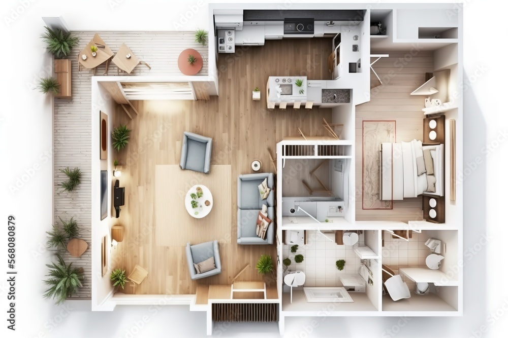 Apartment floor plan top view isolated on white - generative AI Apartment floor plan top view isolated on white - generative AI