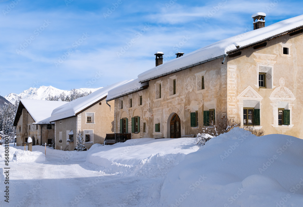 CinuosChel, Switzerland February 3, 2022 Snow covered village of