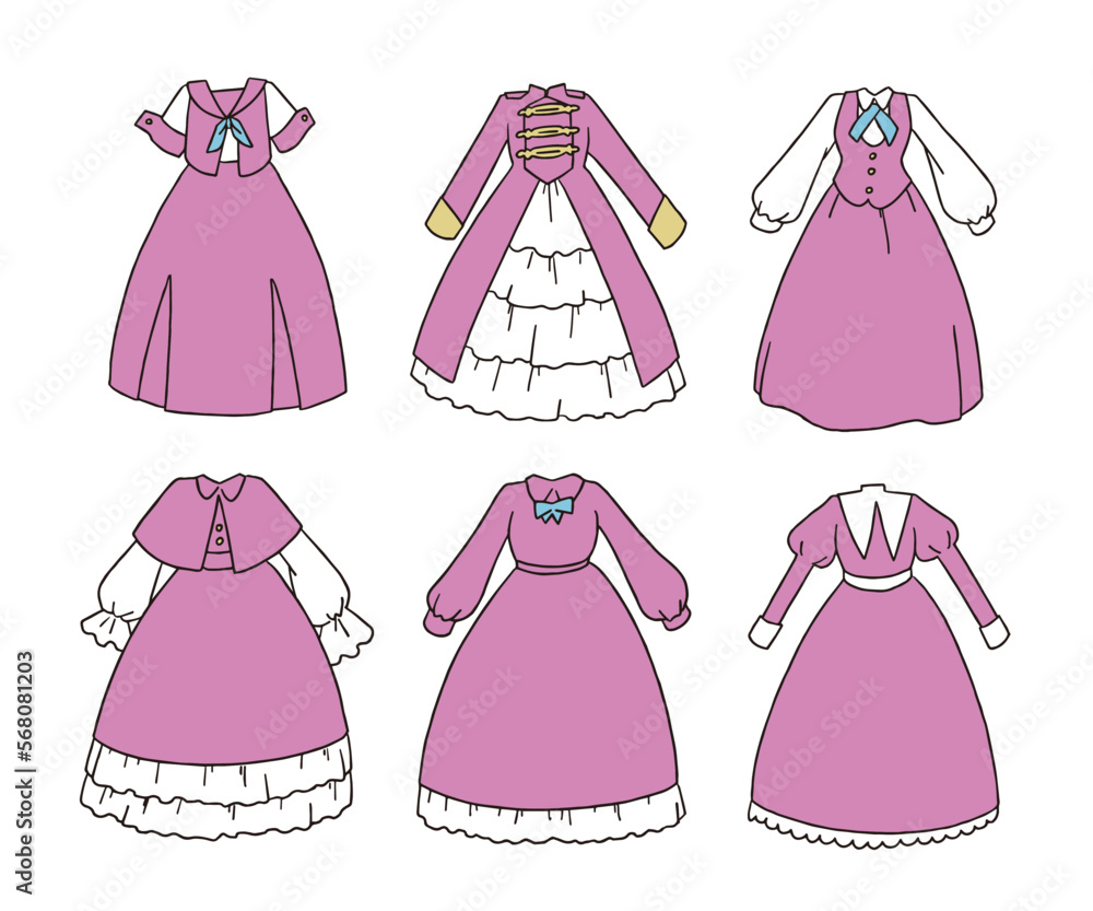 ピンクのワンピースのイラストセット ピンクのワンピースのイラストセット
