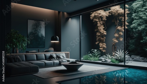 grey matte modern minimalist living room interior, pool, and empty mock up place in the wall. 3D rendering. Generative Ai © gusion