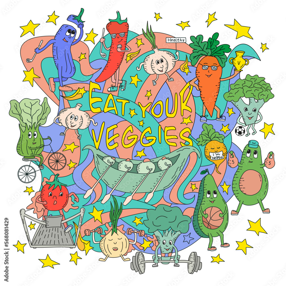 Naklejka premium Vegetables and fruts are actively involved in sports demonstrating a healthy lifestyle. Carton Doodles hand drawn funny color vector illustration