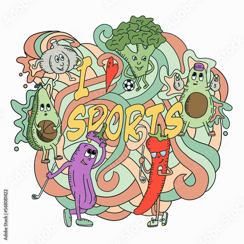Hand drawing funny vector color illustration. Cartoon doodles vegetables and fruits are actively involved in sports demonstrating a healthy lifestyle. I like sports phrase. 