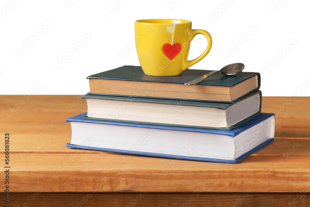 Naklejka premium Vintage stack books and cup with heart shape