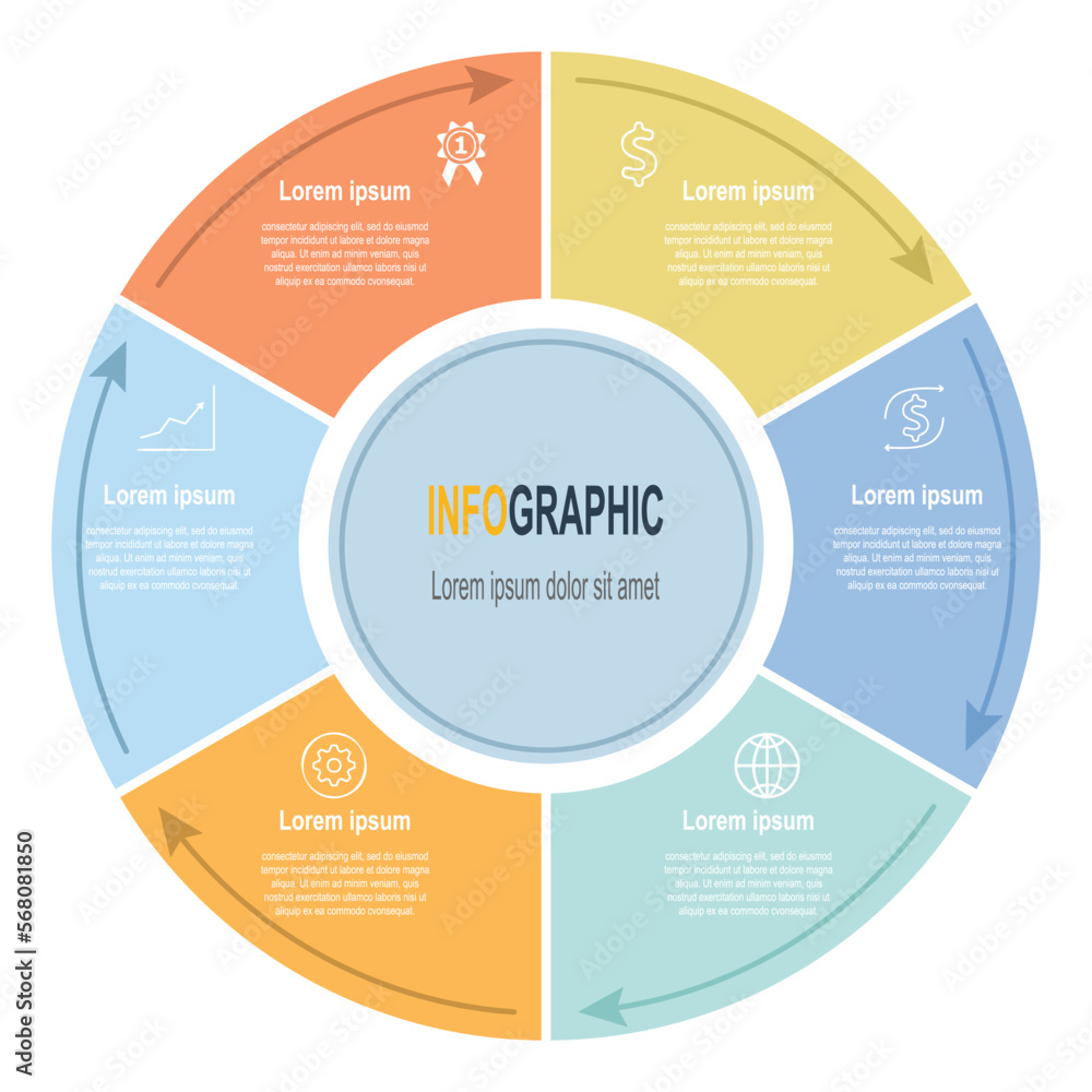 Infographic White circle template, 6 steps business data illustration Infographic White circle template, 6 steps business data illustration