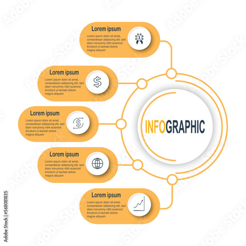 Infographic White circle template, 5 steps business data illustration