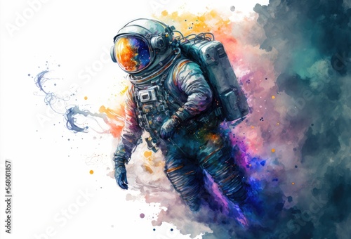 Fototapeta Naklejka Na Ścianę i Meble -  A painting of an astronaut in space with iridescent nebulae, drawn with bright watercolor splashes 
