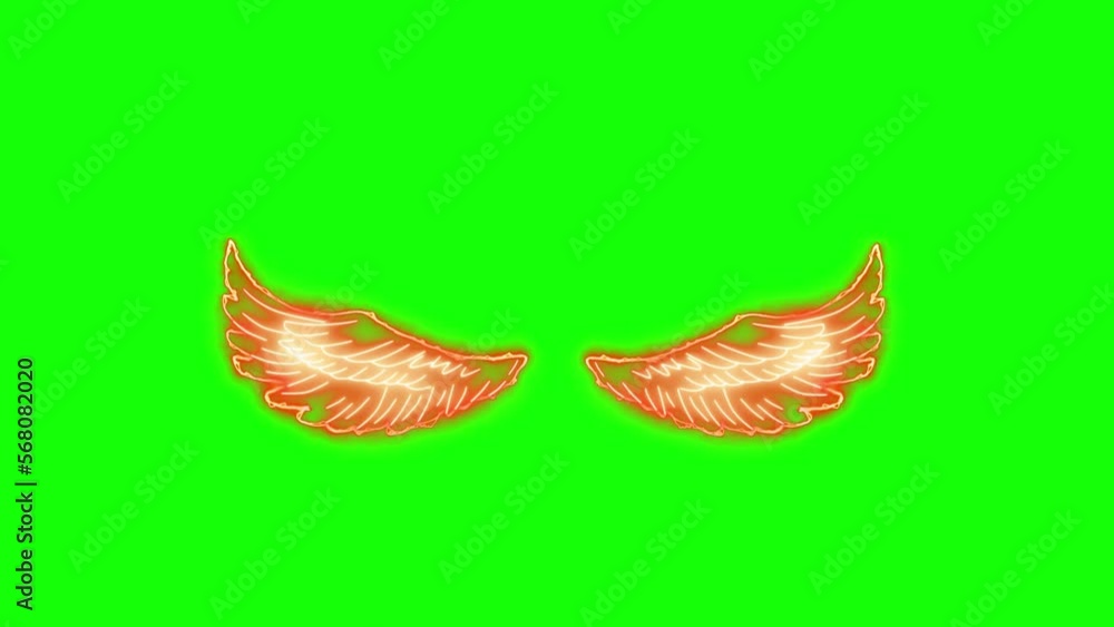 wings animation with neon effect flapping wings with green screen chroma key background Stock