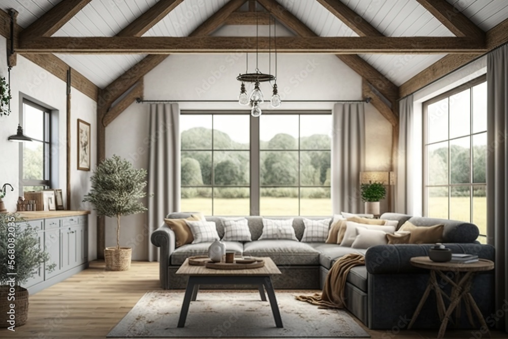 cozy warm home interior of a chic country chalet with a huge panoramic window overlooking the winter forest. open plan, wood decoration, warm colors and a family hearth. Generative AI