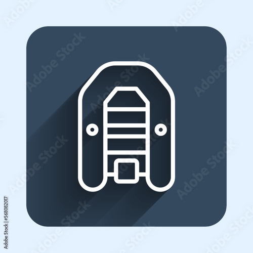 White line Inflatable boat with outboard motor icon isolated with long shadow background. Blue square button. Vector