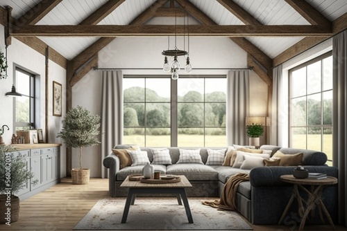cozy warm home interior of a chic country chalet with a huge panoramic window overlooking the winter forest. open plan  wood decoration  warm colors and a family hearth. Generative AI
