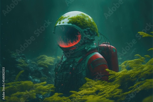 An astronaut on a planet with mysterious green forests. The spacesuit is overgrown with moss 