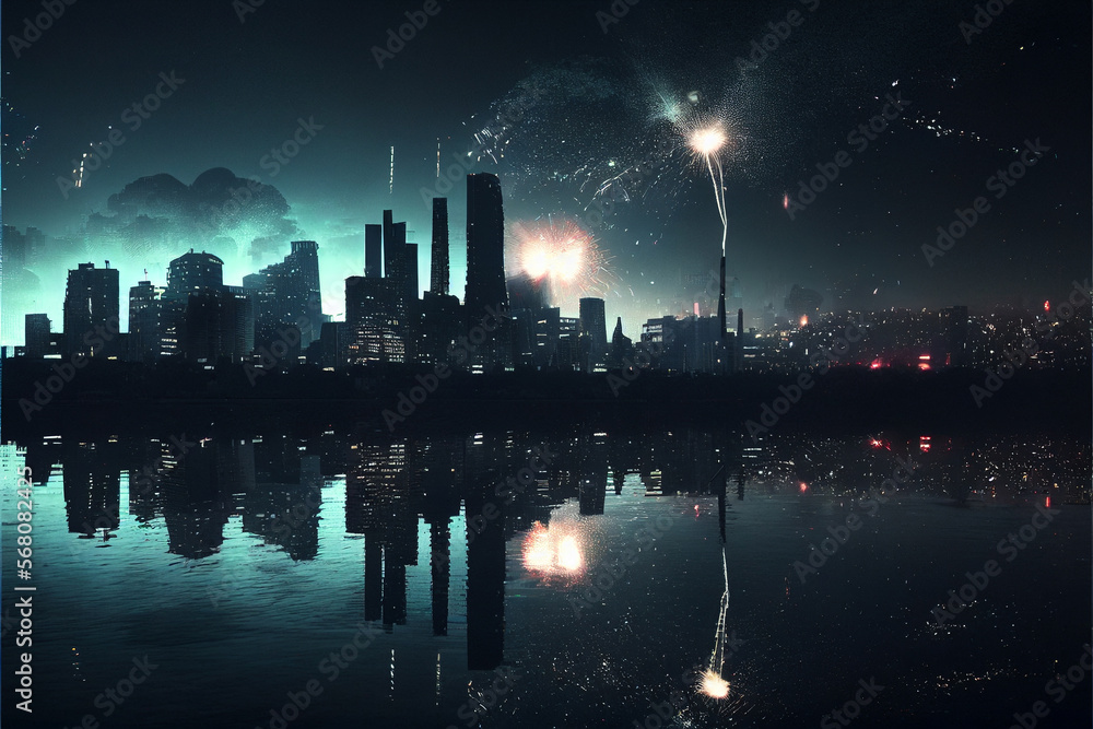 Fireworks over the skyline of the city. AI generated. Fireworks over the skyline of the city. AI generated.