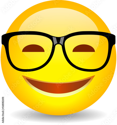 Nerd emoji with glasses, vector cartoon