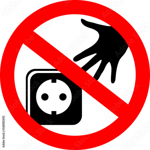 Electric shock hazard, do not touch outlet warning sign over white background