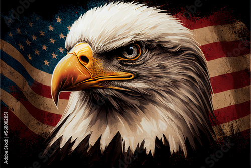 Fototapete Proud american eagle on american flag background. AI generated