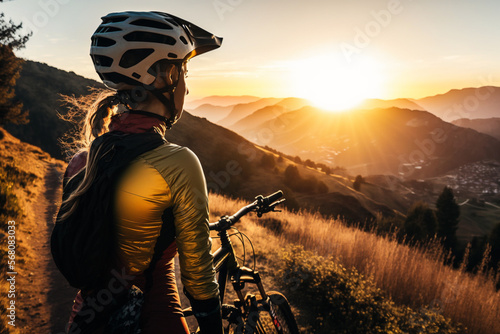 Sportive woman with mountainbike standing on a hill looking in the sunset, beautiful view in the valley, generative ai