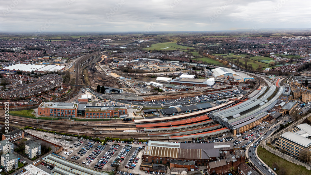 Aerial view of York railway station and York shunting yards
