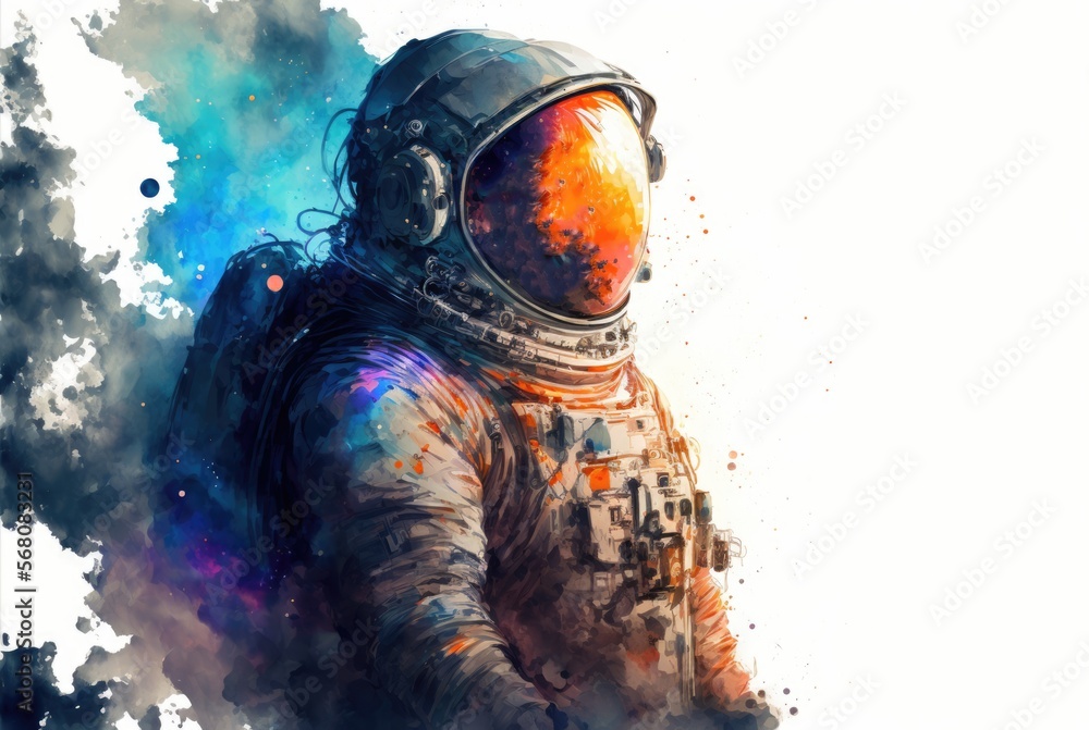 Obraz premium A drawing of an astronaut in space with rainbow nebulae, painted with bright watercolor splashes