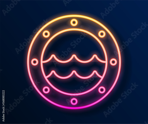 Glowing neon line Ship porthole with rivets and seascape outside icon isolated on black background. Vector