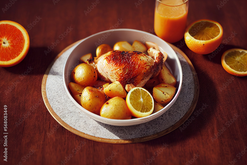Fried chicken with free potatoes with sauces and seasonings. Illustration for advertising posters, flyers, prints, bigboards. Fried chicken with free potatoes with sauces and seasonings. Illustration for advertising posters, flyers, prints, bigboards.