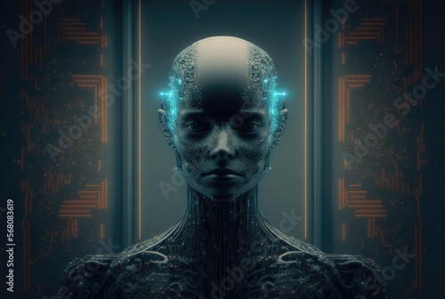 Human cybernetic head made of microchips and neural connections in blue. the concept of artificial intelligence and big data 