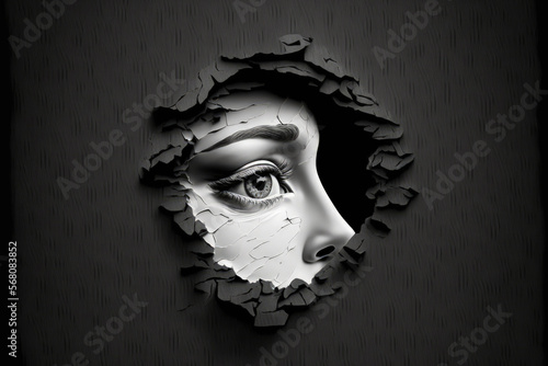Black and white concept image of a woman s closed eye in a hole on a background of crumpled black paper is suitable for a blog or poster. Generative AI