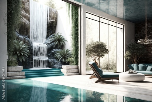 Modern indoor pool with waterfall in SPA at luxury zen hotel - Generative AI