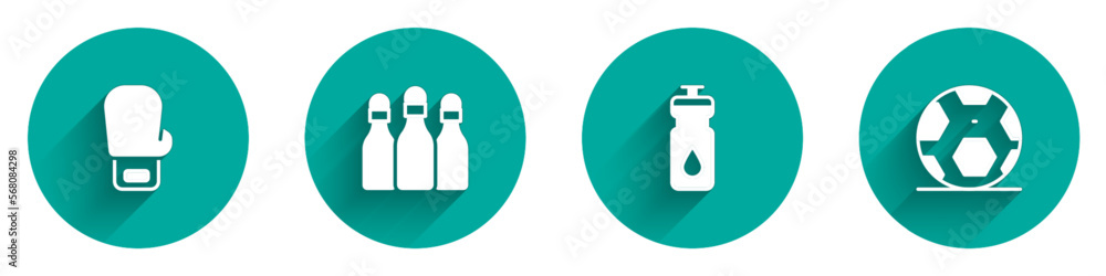 Set Boxing glove, Bowling pin, Fitness shaker and Soccer football ball icon with long shadow. Vector Set Boxing glove, Bowling pin, Fitness shaker and Soccer football ball icon with long shadow. Vector