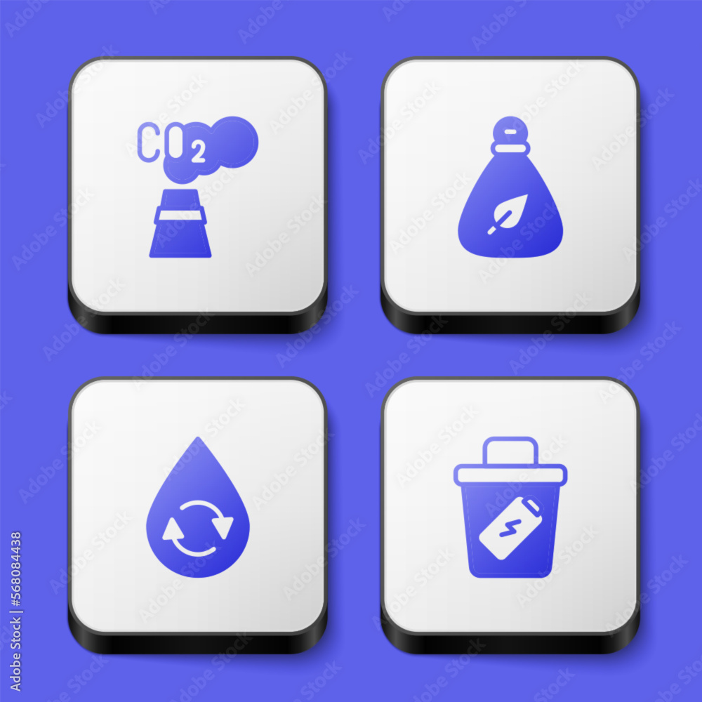 Set CO2 emissions in cloud, Garbage bag, Recycle clean aqua and Trash can icon. White square button. Vector Set CO2 emissions in cloud, Garbage bag, Recycle clean aqua and Trash can icon. White square button. Vector