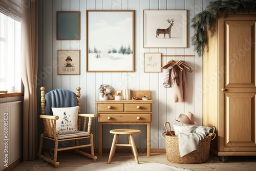 Natural bright interior for kids room with wooden furniture  designer accessories and posters on a wooden wall - generative AI