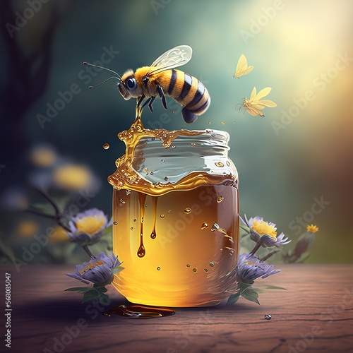 close up of bee on honey jar - selective focus, copy space - Figurative - Generative AI photo