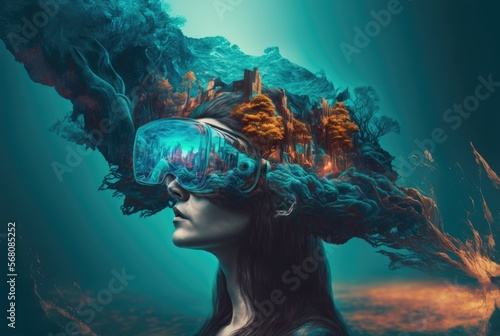 Beautiful woman gamer in a virtual reality headset in a fairytale metaverse. A reflection of the dreamy universe in her glasses