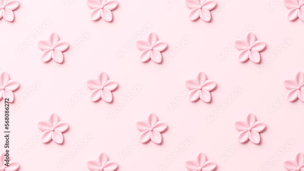 3D pink flowers repeating on a pink background. Flat lay