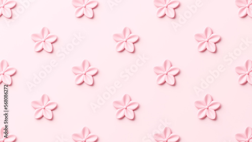 3D pink flowers repeating on a pink background. Flat lay
