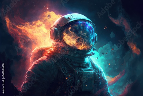 An astronaut travels through deep space in the middle of a nebula. A mystical esoteric mood 