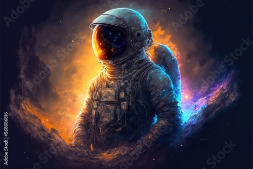 An astronaut travels through deep space in the midst of stunning  colorful nebulae. A mystical esoteric mood 