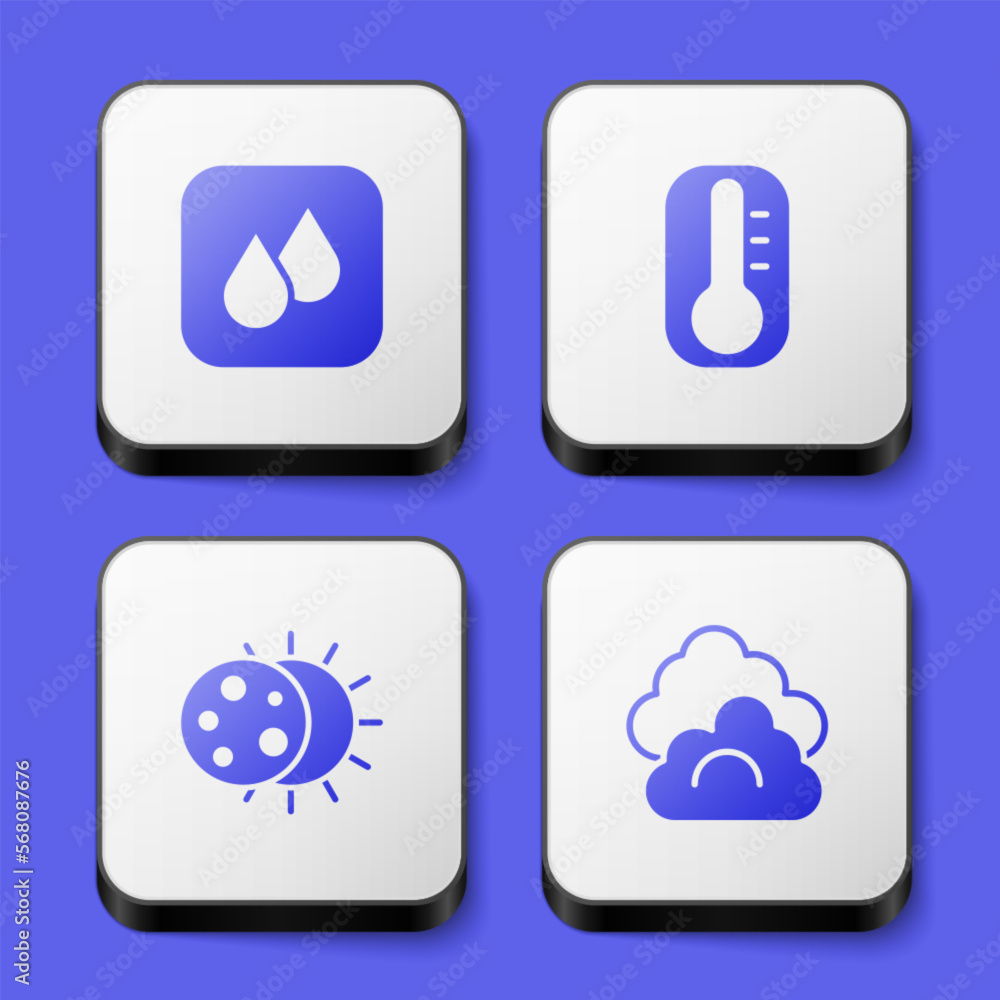 Set Water drop, Thermometer, Eclipse of the sun and Cloud icon. White square button. Vector Set Water drop, Thermometer, Eclipse of the sun and Cloud icon. White square button. Vector