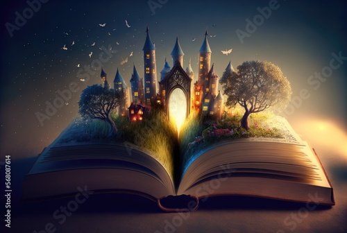 The magic castles on the pages of a fairy tale book created by the power of the imagination 