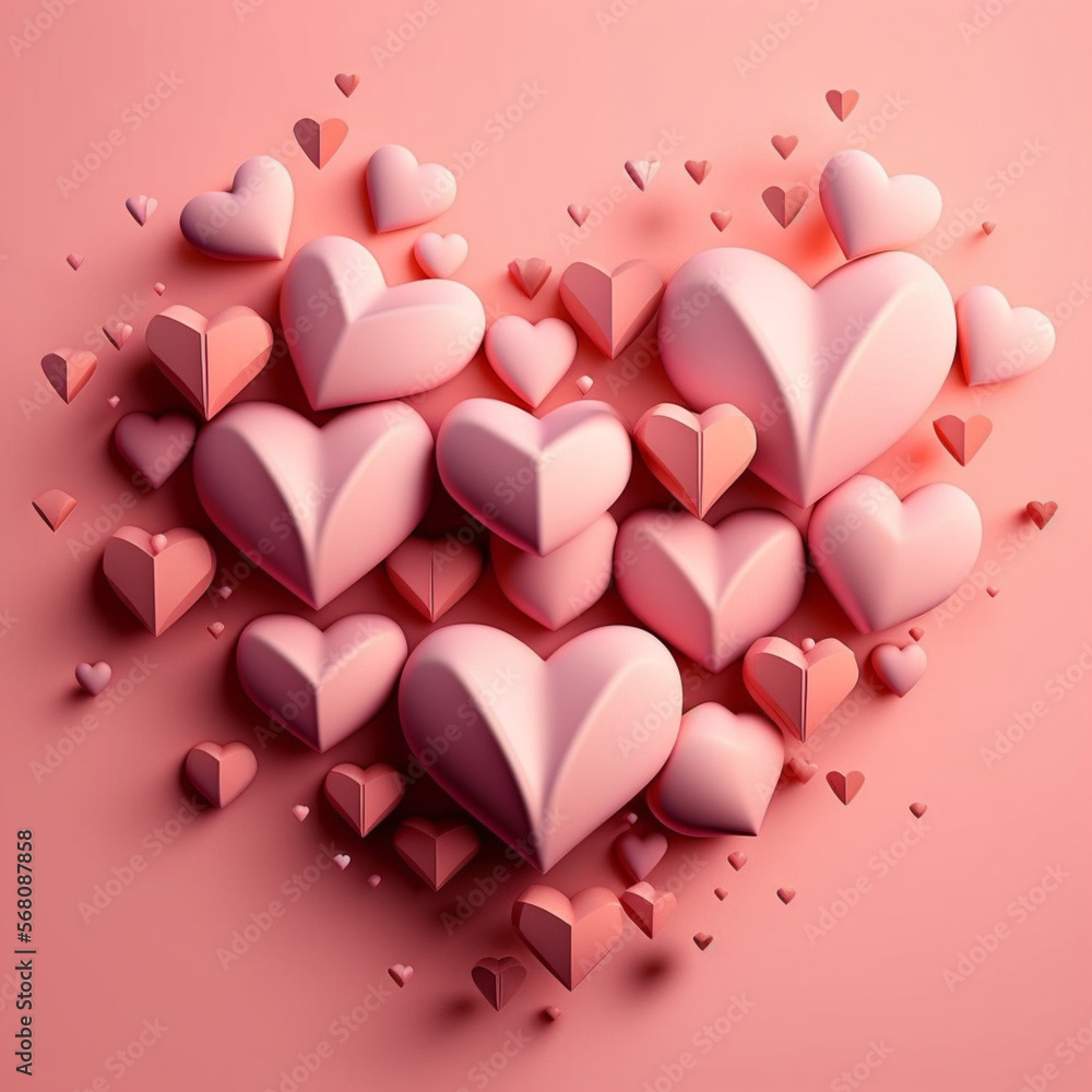 Various hearts on a pink background. Generative AI.
