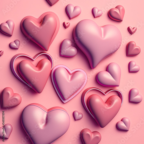 Various hearts on a pink background. Generative AI.