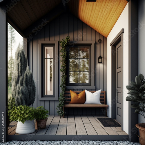 Porch of a modern house in summer. Generative AI.